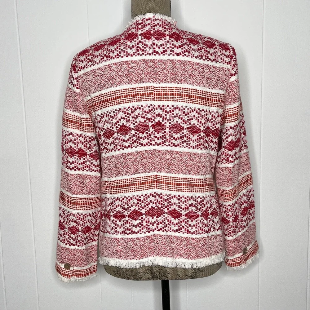 Ann Taylor LOFT Multi Pattern Textured Fringe Boho Open Blazer - Picture 4 of 8